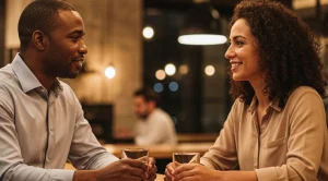 A couple chatting in a bar at the evening. (Generated with AI)