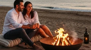 A couple sitting around a bonfire at the beach. (Generated with AI)