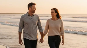 A couple walking hand in hand at the beach. (Generated with AI)