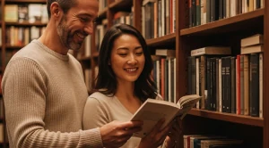 A couple looking at a book in a bookshop. (Generated with AI)