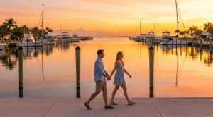 Couple walking at the harbor at sunset. (Generated with AI)