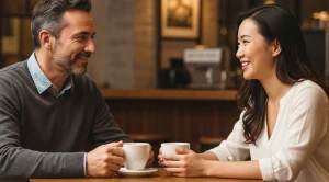 A couple chatting in a coffee shop. (Generated with AI)