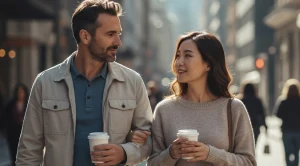 A couple walking with coffee ub their hands. (Generated with AI)