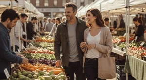 People looking at food on a farmers market. (Generated with AI)