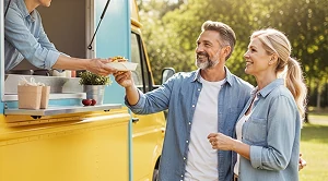 A couple getting food from a food truck. (Generated with AI)