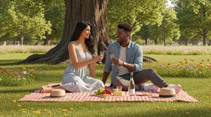 A couple sitting on a picnic blanket with snacks in a garden. (Generated with AI)