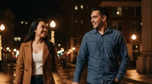 A couple walking hand in hand in the night lights of hartford. (Generated with AI)