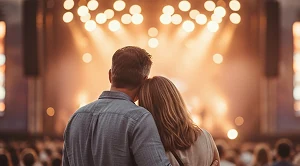 A couple standing in front of a stage, enjoying live music (Generated with AI)