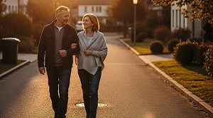 Couple walking the streets at sunset. (Generated with AI)