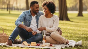A couple picnicking in a park with snacks. (Generated with AI)