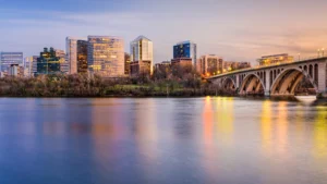 City Skyline of Arlington with lake view.