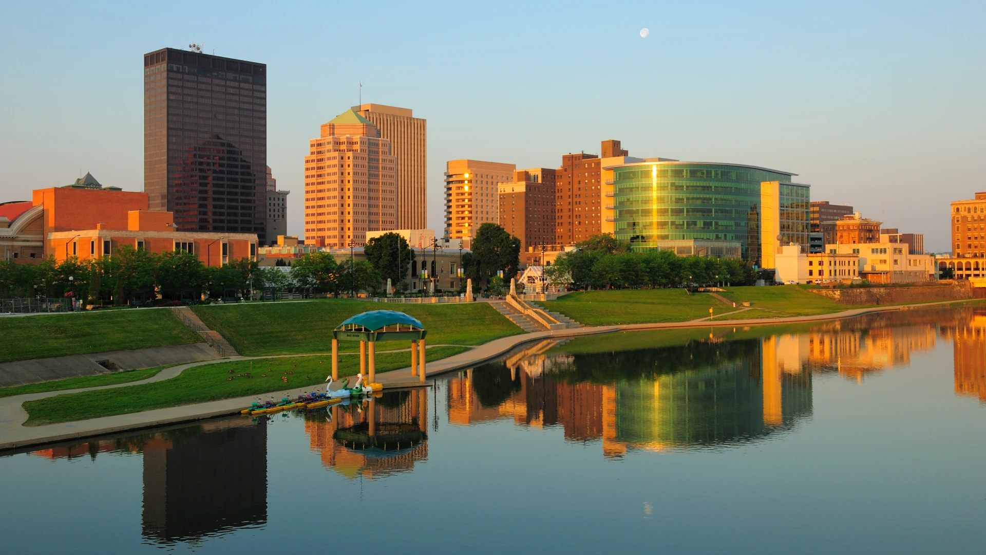 City skyline of Dayton with river view.