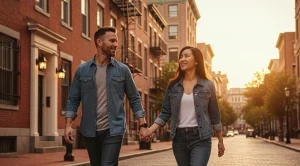 A couple walking hand in hand through streets with local brownstones houses in Jersey City. (Generated with AI)