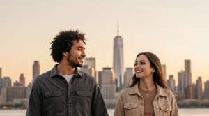 A couple walking hand in hand at the hudson river in Jersey City. (Generated with AI)