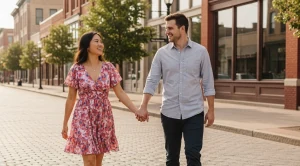 A couple strolling hand in hand through the historic downtown of joliet. (Generated with AI)