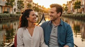 A couple enjoying a gondola ride at sunset in Long Beach.