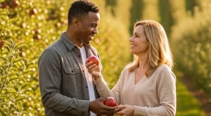 A couple picking apples on a farm. (Generated with AI)