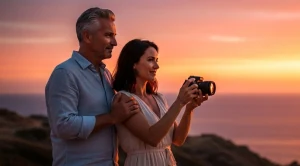 A couple taking pictures of the sunset. (Generated with AI)