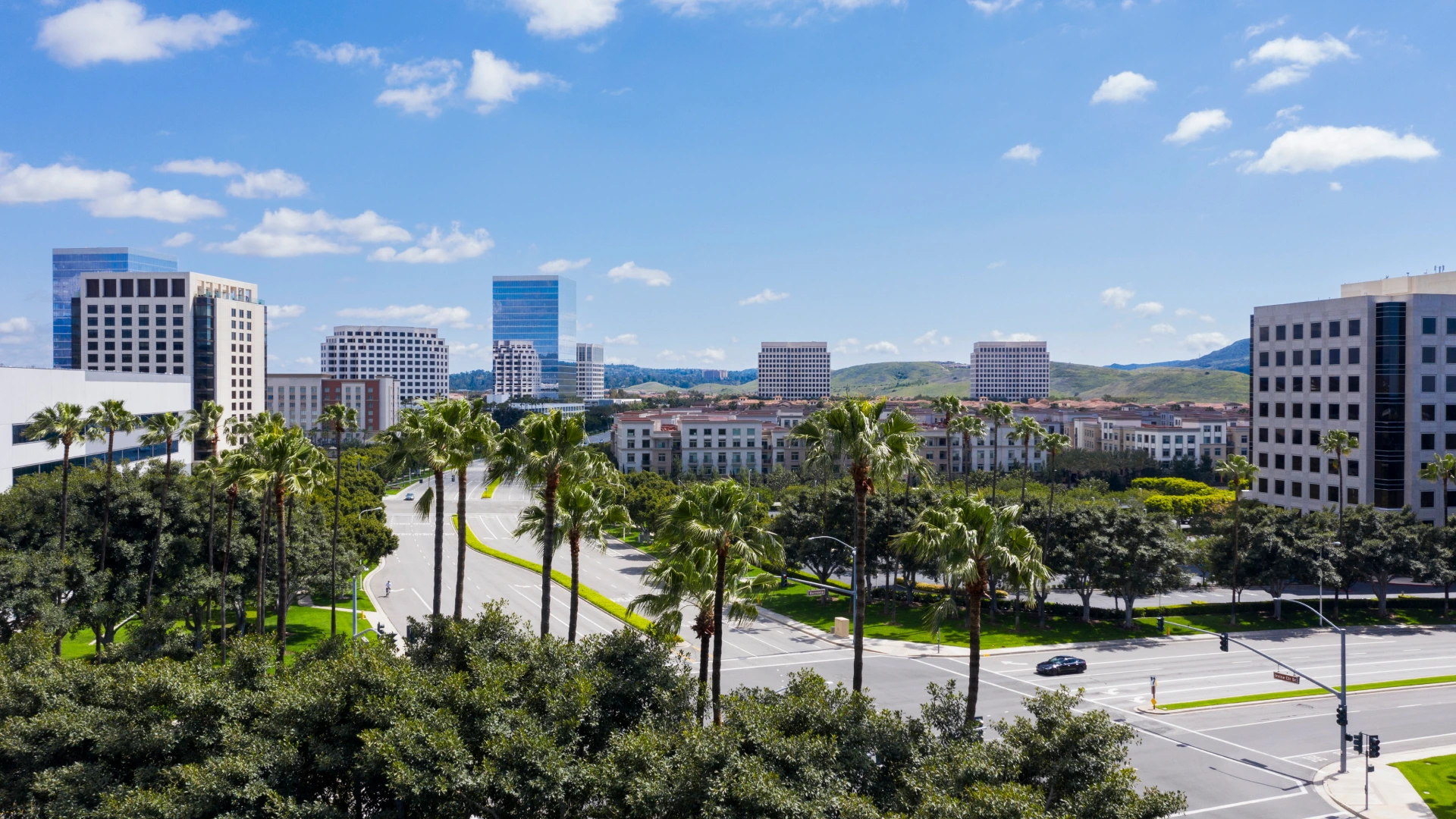 Skyline of Irvine with streets, buildings and palm trees.