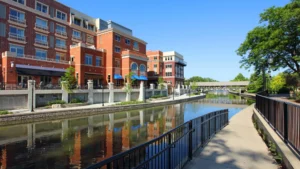 Buildings in Naperville next to a river.