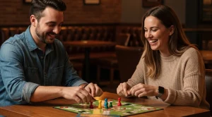 A couple playing board games at a date night. (Generated with AI)