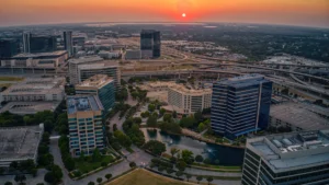 Skyline view of plano in the sunset.