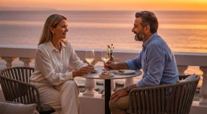 A couple having dinner at sunset with seaview. (Generated with AI)
