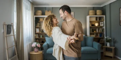 Couple dancing in their living room